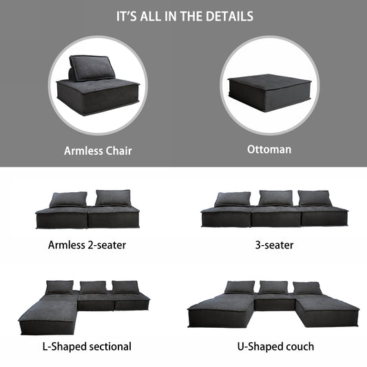 Trendy Grey Modular Sofa Flexible Configurations Linen Fabric Sofa High-resilience Sponge for Friendly Skin Furniture