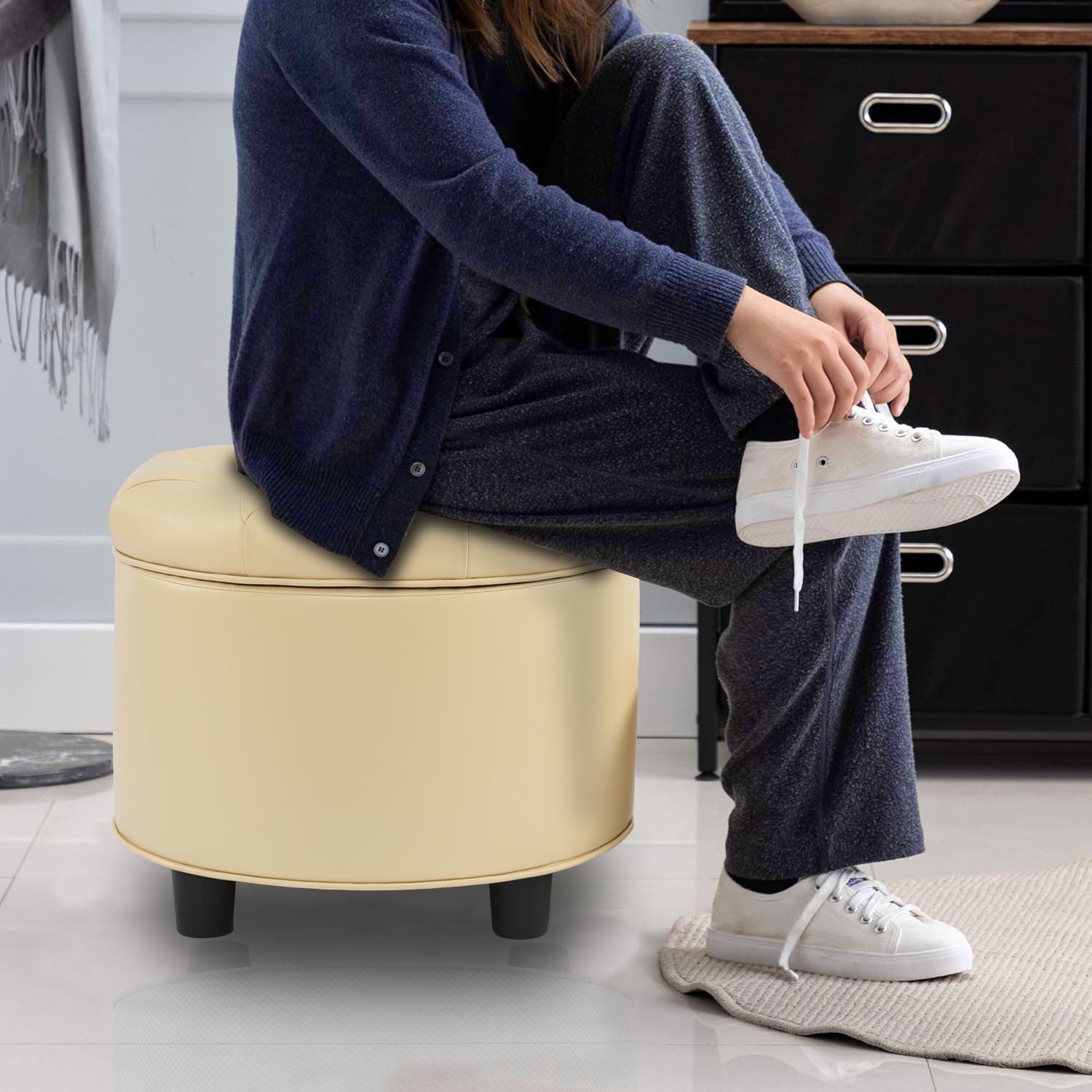 Beige Sofa Ottoman Living Room Storage Ottoman Technology Fabric Matching Ottoman for the Sofa