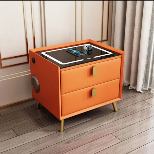 Common Fashion Model Smart Bedside Table with Minimalist Modern Design Drawers Leather Finish Wireless Charging Fingerprint Lock