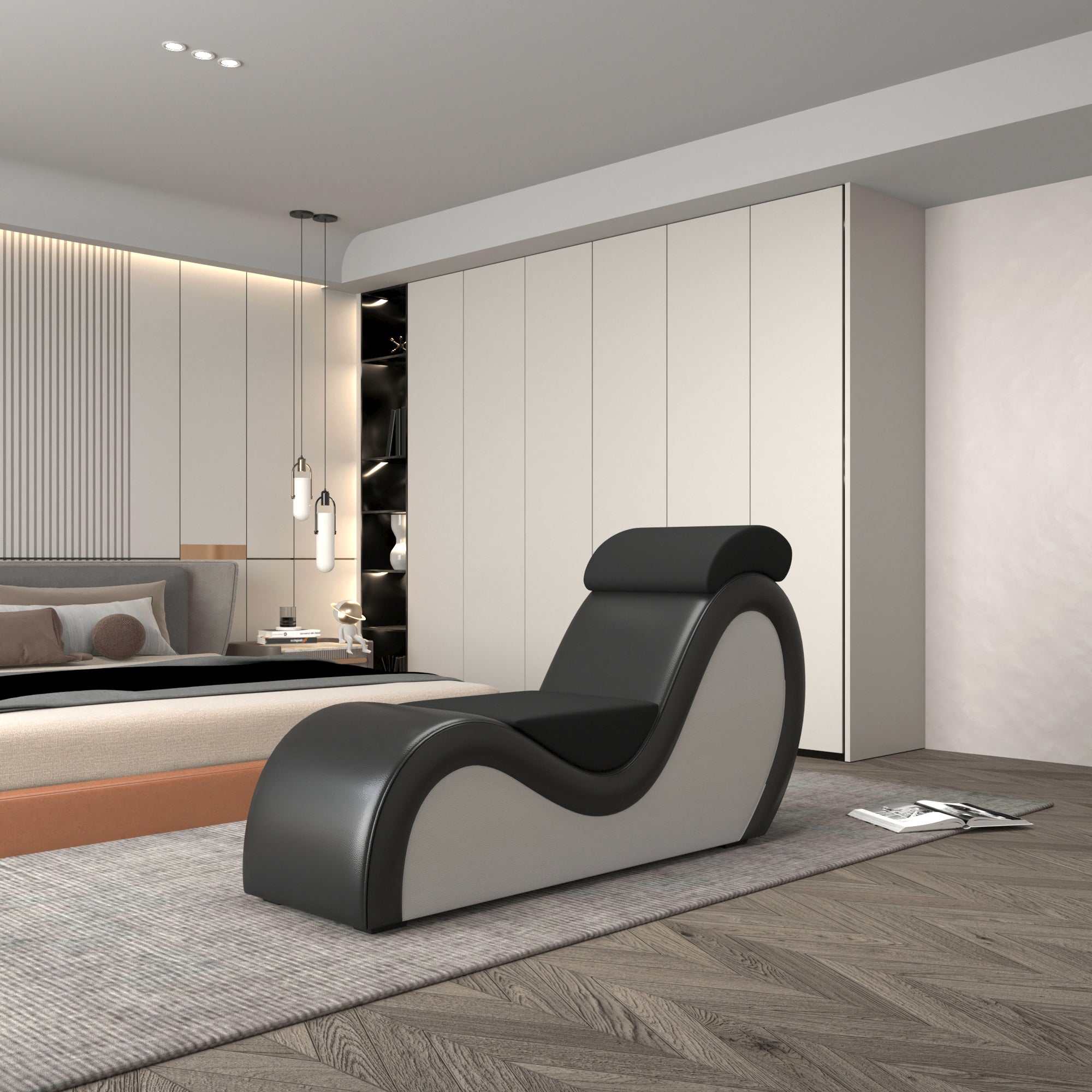 Black & White Longue Chair with Headrest Waist Pillow Leisure Sofa Furniture