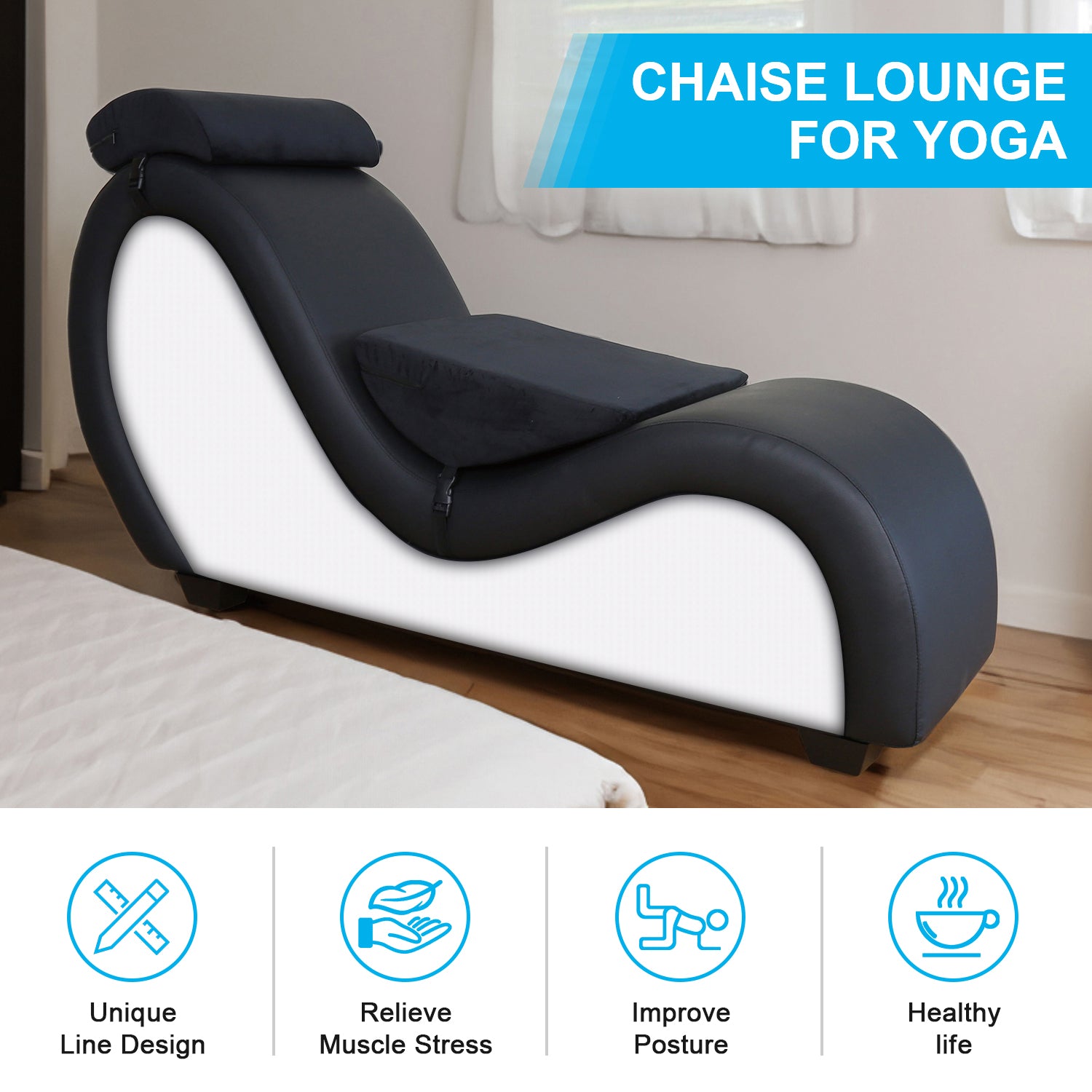 Black & White Longue Chair with Headrest Waist Pillow Leisure Sofa Furniture