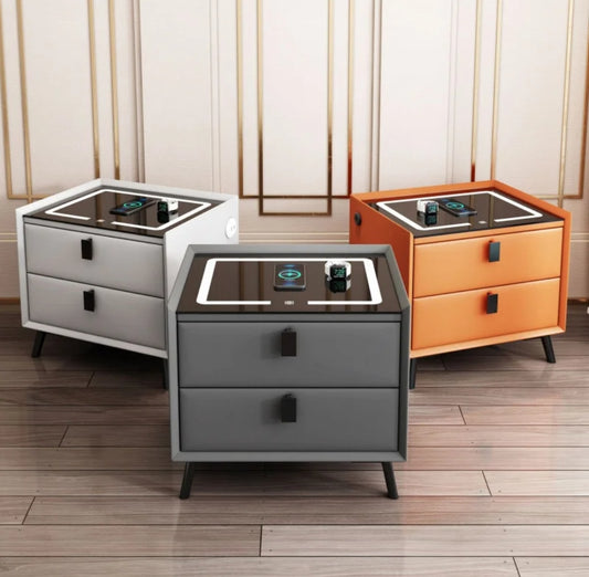Common Fashion Model Smart Bedside Table with Minimalist Modern Design Drawers Leather Finish Wireless Charging Fingerprint Lock